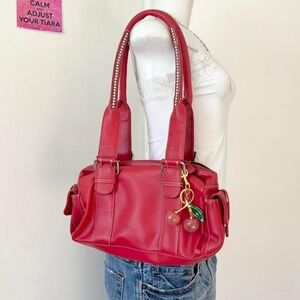 y2k red purse Red Faux Leather Satchel Bag with Cherry Charm